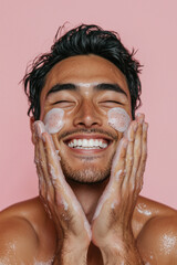 handsome happy asian guy allying skin care on his face