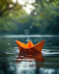 Fototapeta premium Orange paper boat floating with a bubble, serene lake, soft bokeh background
