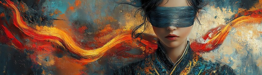 Portrait of a woman in traditional attire with flowing abstract patterns, blindfolded, textured surreal art