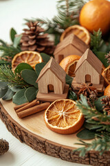 christmas arrangement centerpiece close-up with dried oranges, cinnamon and pine branches around little wooden houses