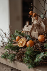 christmas arrangement with dried oranges, cinnamon and branches around little wooden houses