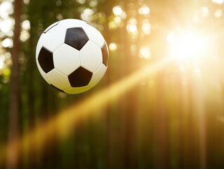 Naklejka premium soccer ball hovers above forest glade, illuminated by sunlight, creating vibrant and dynamic scene. contrast of ball against natural backdrop evokes sense of energy and playfulness