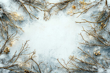 Winter Wonderland Frame: Elegant gold branches and shimmering ornaments create a festive frame on a textured winter backdrop, perfect for holiday greetings or winter-themed designs. 