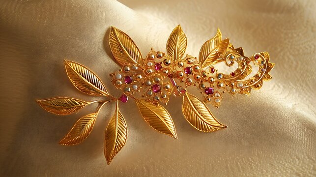 An elegant gold brooch with intricate leaf motifs and tiny gemstones, displayed on a soft beige background