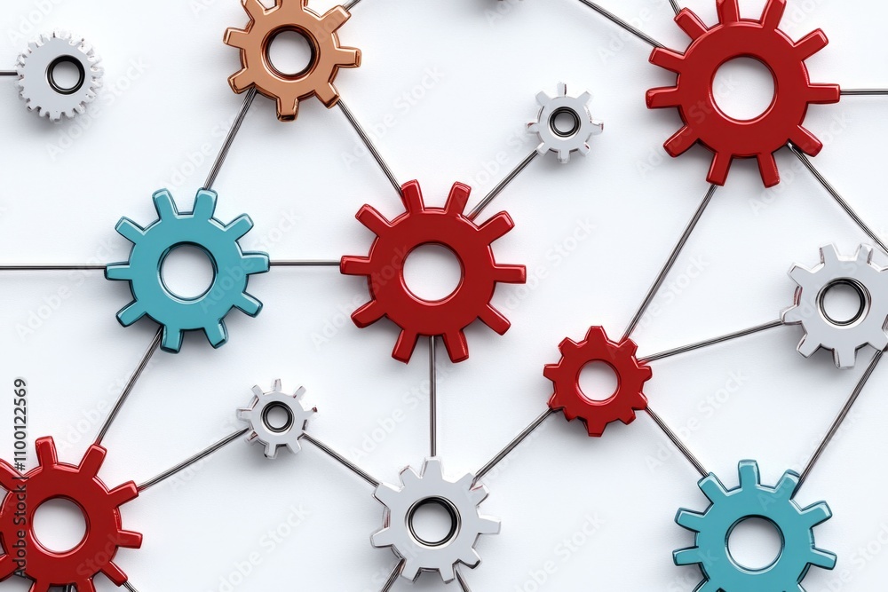 Poster A clean, abstract visualization of interconnected gears and cogs symbolizing automation, drawn in simple lines