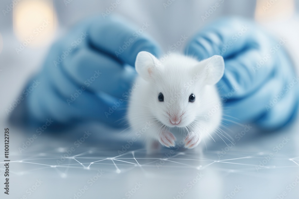 Poster a laboratory setting shows a scientist's gloved hands gently handling a small, white mouse, symboliz