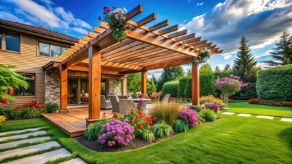 Fototapeta premium Stunning modern backyard featuring a wooden pergola, colorful flowers, and lush green grass, ideal for outdoor living and captivating architectural photography opportunities.