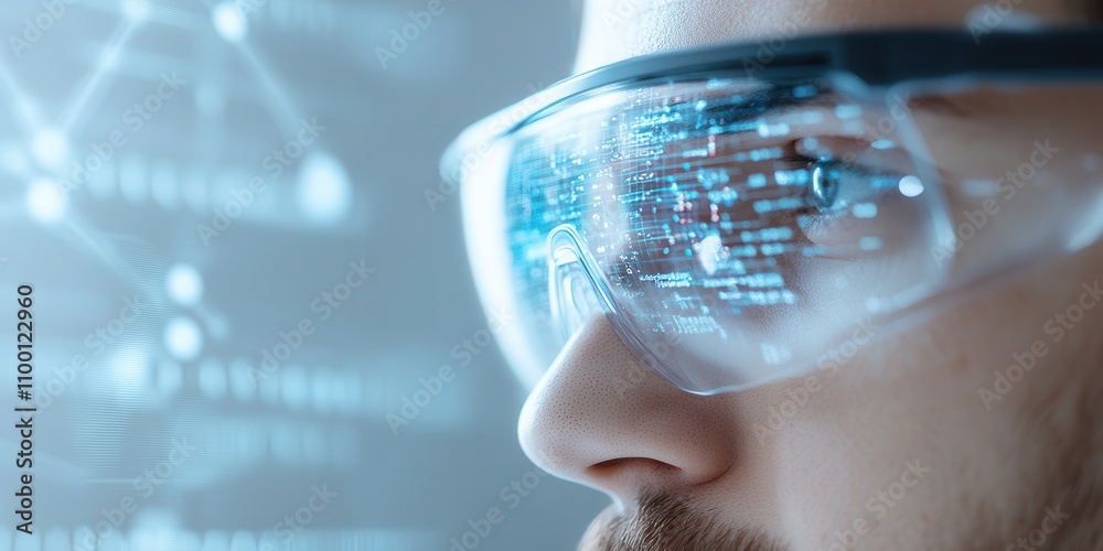 Poster A close-up of a person wearing smart glasses, displaying digital data and graphics, emphasizing technology and innovation in vision enhancement.