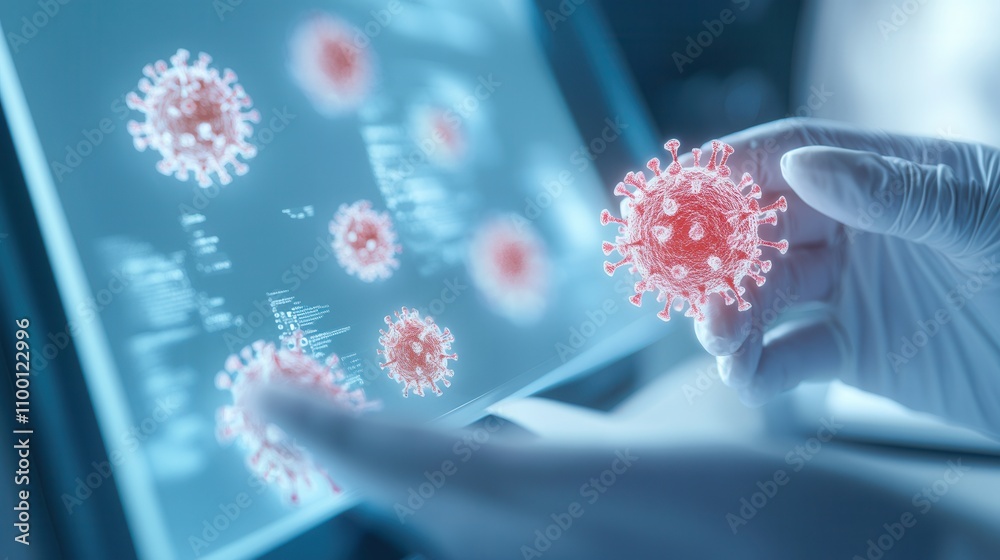 Poster a person analyzes digital representations of viruses on a touchscreen, highlighting the intersection
