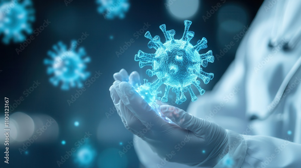 Poster a scientist holds a glowing virus model in a hand, symbolizing research and innovation in virology a