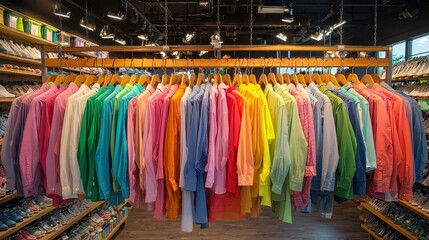 Vibrant Garments Displayed on Wooden Hangers, A Spectrum of Rainbow Colors Showcasing Fashion, Inviting Free Space for Creative Inspiration and Style Exploration