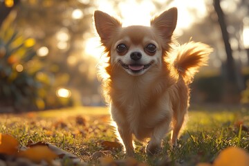 Happy chihuahua puppy playing outdoors in autumn.