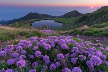 Obraz premium Vibrant wildflowers blooming at sunset over a serene mountain lake nature landscape peaceful outdoor view scenic beauty
