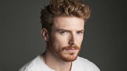 Fototapeta premium Portrait of a Redhead Man with Curly Hair and Beard, Intense Gaze and Serious Expression, Studio Shot, Male Model