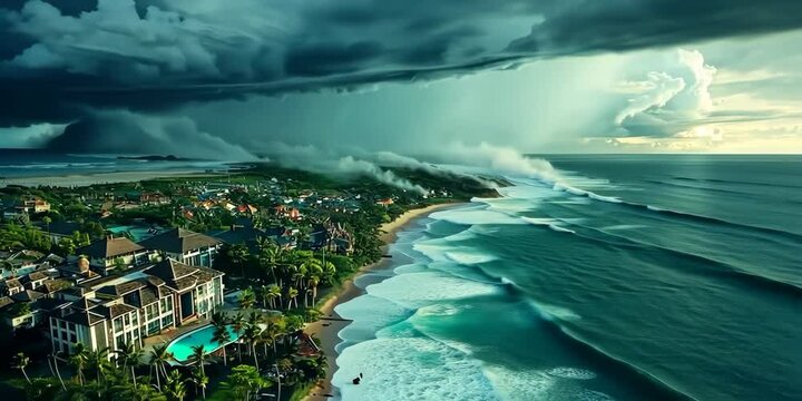 Typhoon rainbands moving over a coastal resort, 4K Video