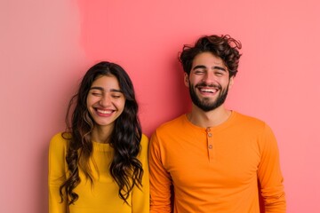 Fototapeta premium Portrait of a cheerful indian couple in their 20s showing off a lightweight base layer over solid pastel color wall