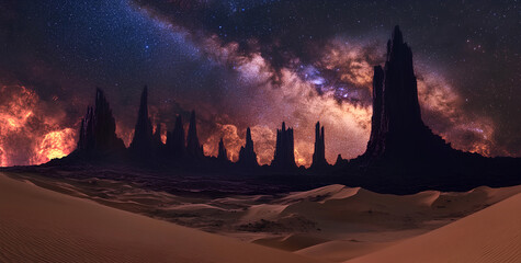 Fototapeta premium Panoramic photograph of the Milky Way over an alien desert landscape with sand dunes and black rock spires