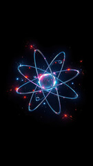 Atom with glowing electron orbits and sparkles in a dark background,  radiant molecules,  atomic physics