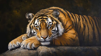 Majestic tiger prowling through dense jungle foliage, vibrant orange and black stripes blending with lush greenery, embodying strength and grace in its natural habitat.