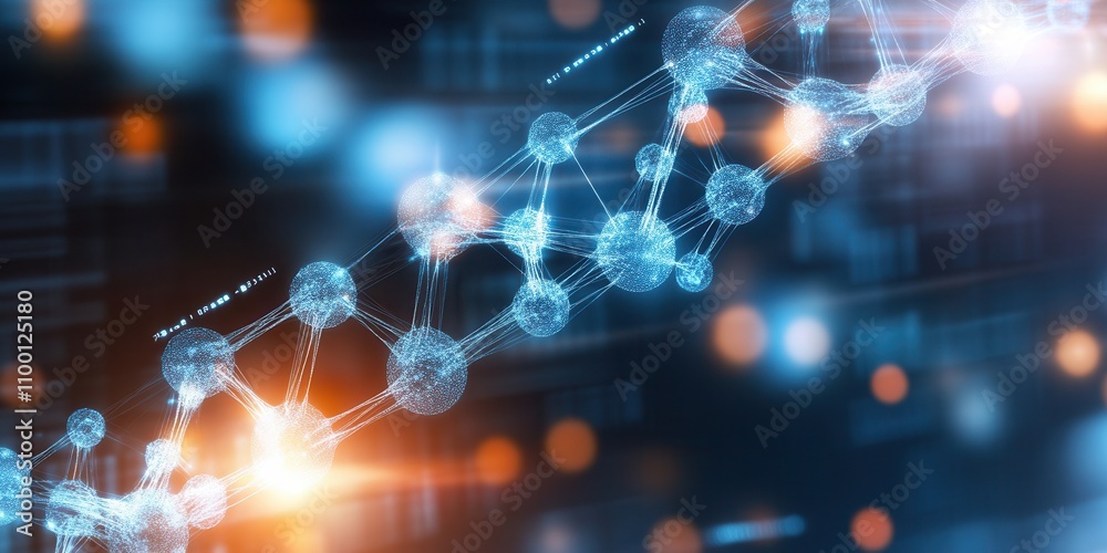 Poster A digital representation of interconnected nodes and lines, illustrating concepts related to technology, data, or molecular structures in a vibrant, futuristic setting.