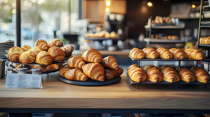 Freshly baked croissants and pastries displayed on a counter in a cafe.