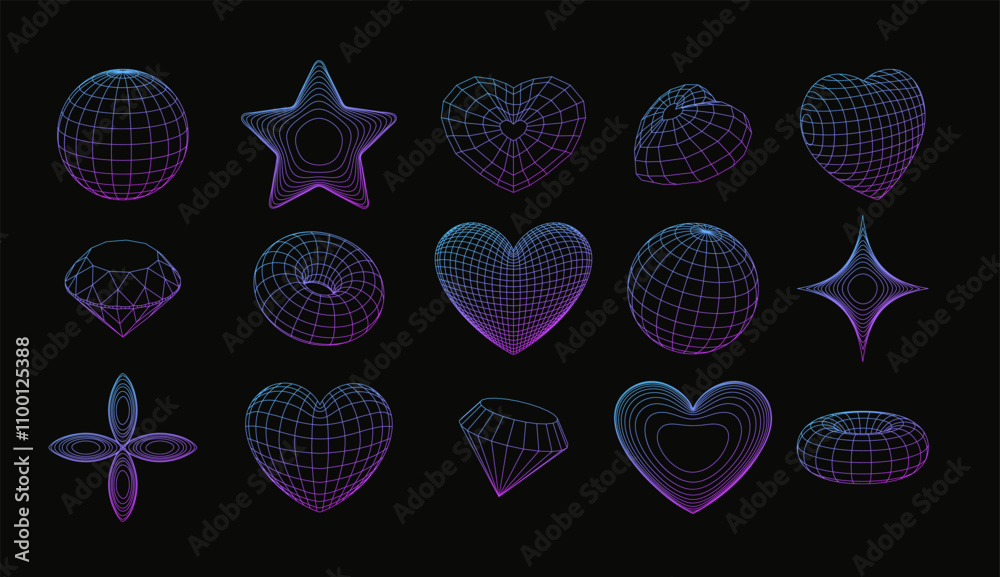 Wall mural 3d wireframe shapes, perspective grid figures, tech mesh vector set purple gradient line elements, s
