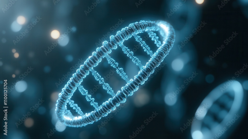 Poster A glowing representation of DNA strands in a digital, abstract style, showcasing the complexity and beauty of genetic structures.