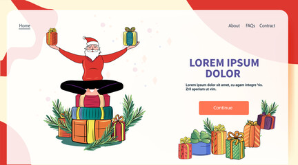 Fototapeta premium Santa meditating on gift boxes colorful festive scene with presents greenery abstract background web design template