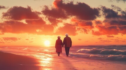 Elderly Couple Walking Hand in Hand on Beach at Sunset with Colorful Cloudy Sky