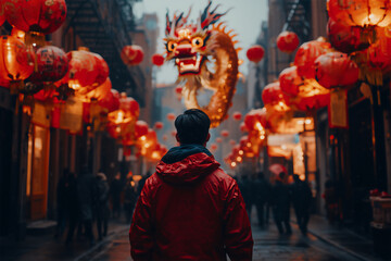 Obraz premium A man looks at a glowing Chinese dragon over a festive night street in the city