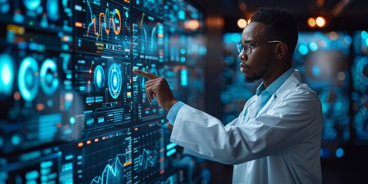 Doctor interacting with a futuristic digital interface displaying medical data and analytics in a high-tech healthcare environment