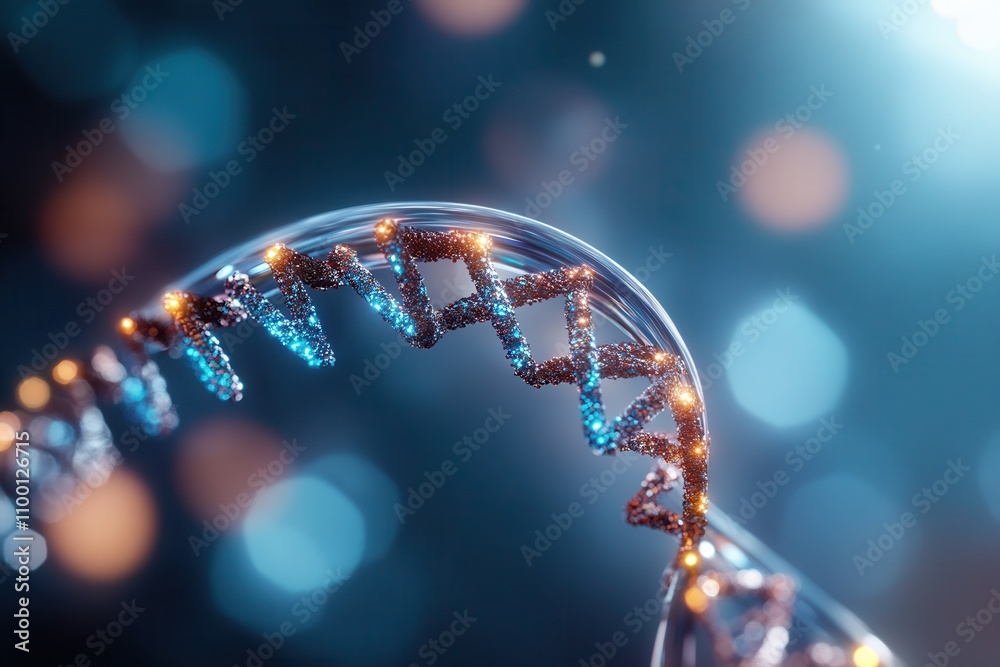 Poster a stunning close-up of a dna helix illuminated with vibrant colors, showcasing its intricate structu