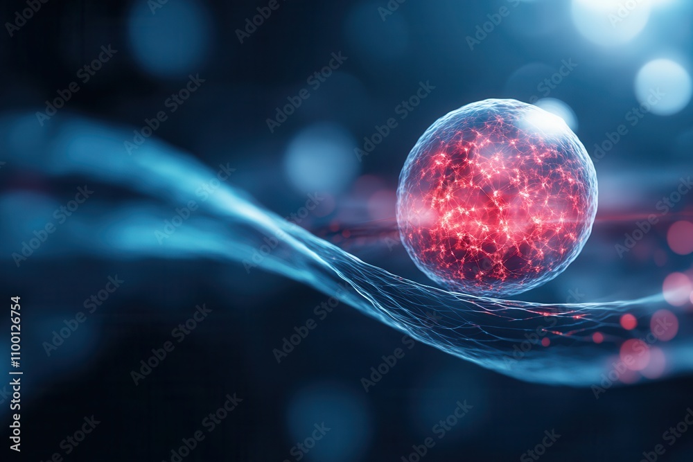 Poster a glowing sphere surrounded by vibrant waves of light in a dark setting, evoking themes of science a