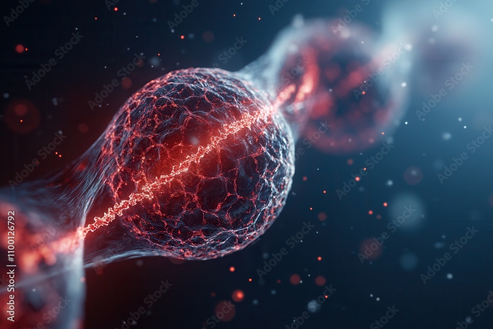 Poster an abstract representation of interconnected cells or molecules, showcasing vibrant red and blue col