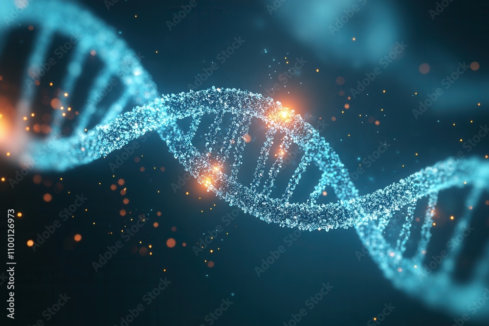 Poster a glowing representation of a dna double helix, showcasing intricate details and sparkling elements 