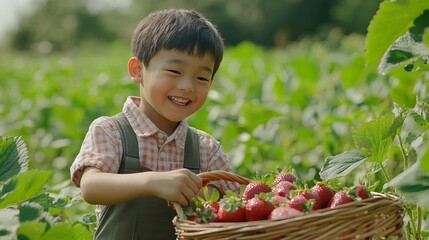 Happy Boy Picking Strawberries