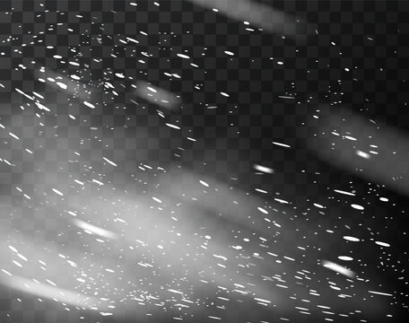 Snow falling with fog, smoke or cloud overlay effect on transparent background, vector white snowfall, snowy blizzard