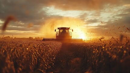 Fototapeta premium Combine Harvester Harvesting Wheat Field At Sunset