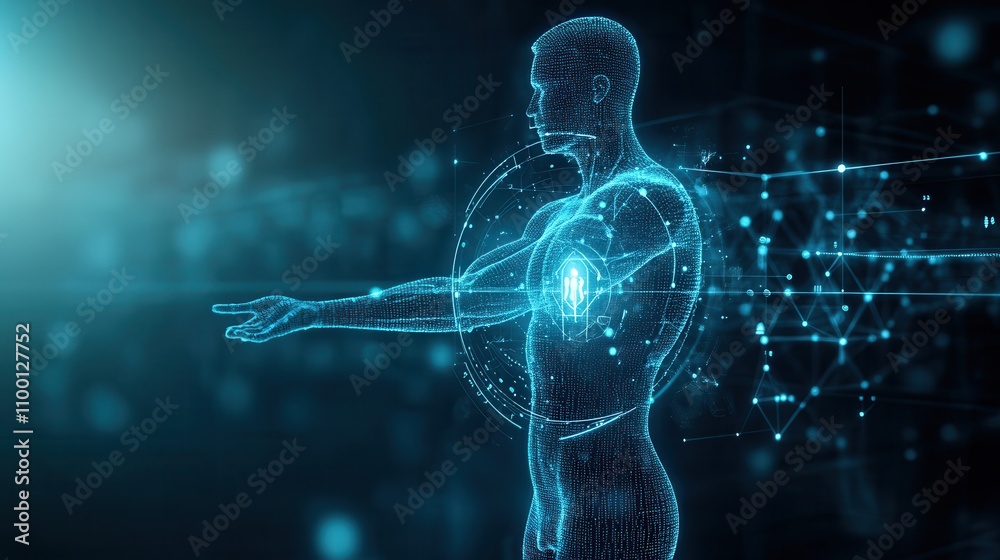Poster a digital representation of a human figure, showcasing glowing lines and particles, symbolizing tech