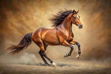 Fototapeta premium Stunning vintage photograph of a majestic brown horse galloping, showcasing the raw beauty and power of nature, a must-have for equine art and horse lovers.