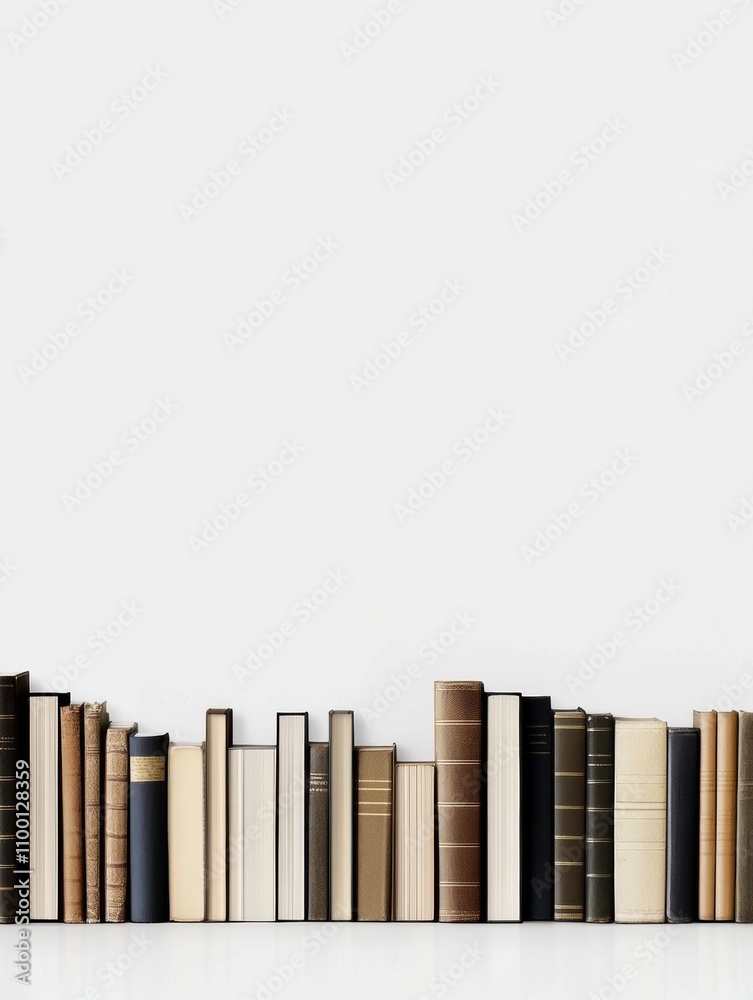Fototapete a variety of books in different genres are arranged in a neat row against a white background, showca