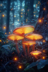 Naklejka premium Lighting and glowing mushrooms in jungle generated.AI