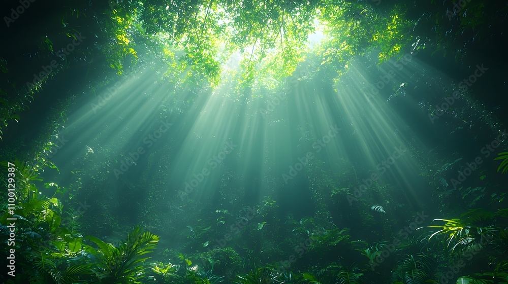 Poster Sunlight Streams Through Lush Green Canopy of Dense Rainforest, Creating a Serene and Tranquil Atmosphere in Vibrant Nature Scene
