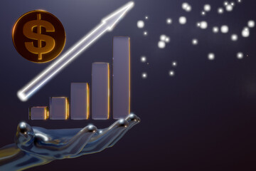 A hand holding a rising bar graph with a dollar sign, symbolizing financial growth and success. 3d rendering