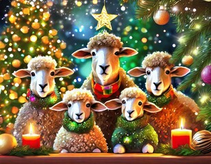 Fototapeta premium Fluffy sheep stand before a beautifully ornamented Christmas tree