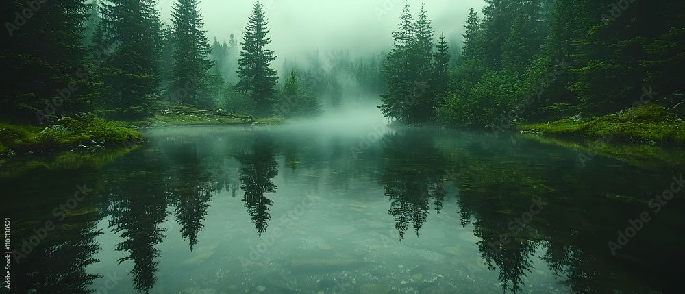 Poster Tranquil Misty Forest Landscape with Reflections in a Calm Lake Surrounded by Pine Trees and Soft Fog Creating a Serene Atmosphere in Nature