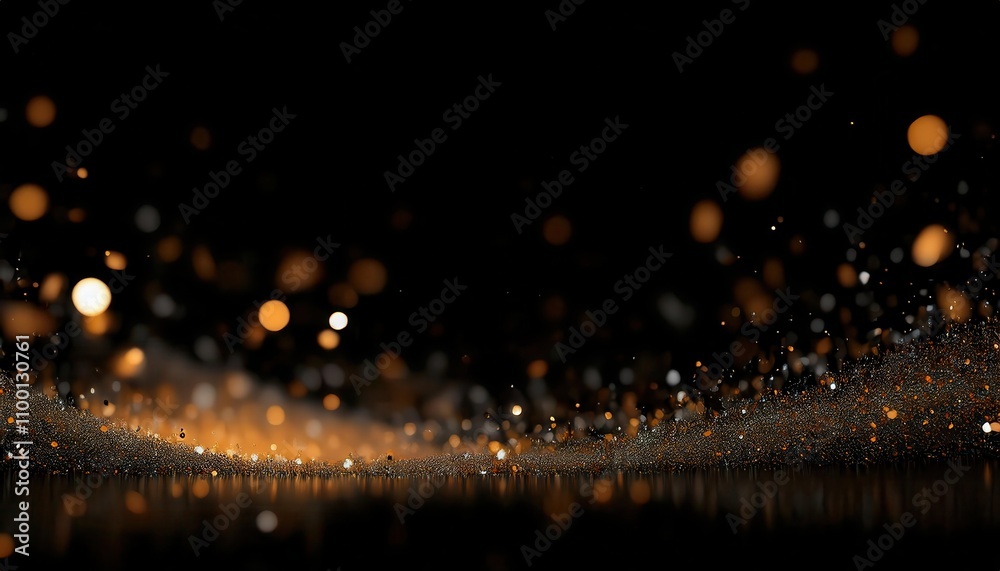 Poster Mesmerizing Christmas Sparkles. Glittering Golden Bokeh and Shimmering Particles on Black Backdrop. Magical Scene for Holiday Cards, Festive Decorations, or Elegant New Year Invitations