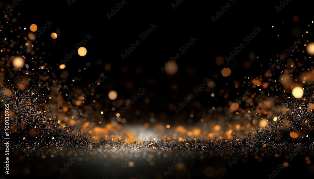 Poster Mesmerizing Christmas Sparkles. Glittering Golden Bokeh and Shimmering Particles on Black Backdrop. Magical Scene for Holiday Cards, Festive Decorations, or Elegant New Year Invitations