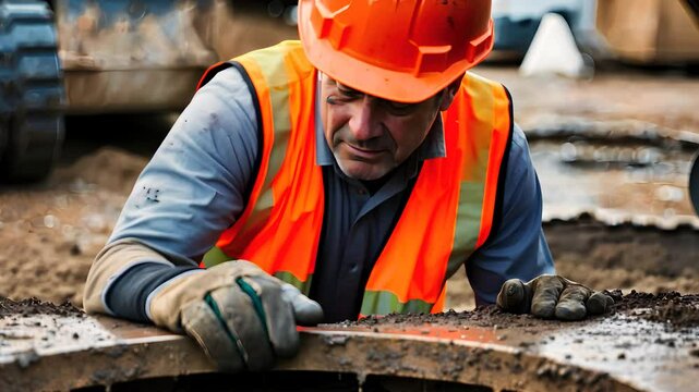 Construction Worker Inspecting Pipe Installation at Worksite


