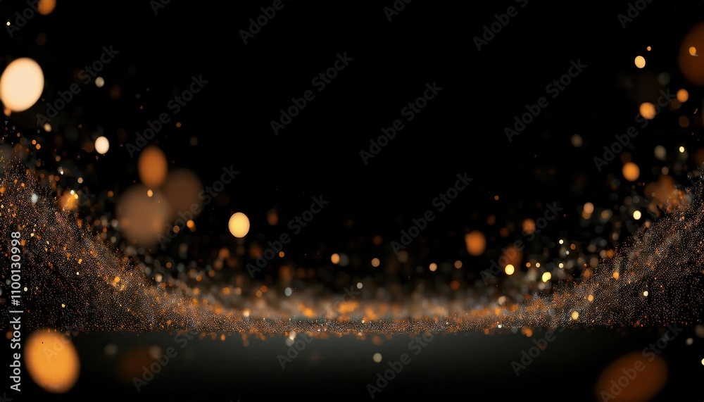 Poster Mesmerizing Christmas Sparkles. Glittering Golden Bokeh and Shimmering Particles on Black Backdrop. Magical Scene for Holiday Cards, Festive Decorations, or Elegant New Year Invitations